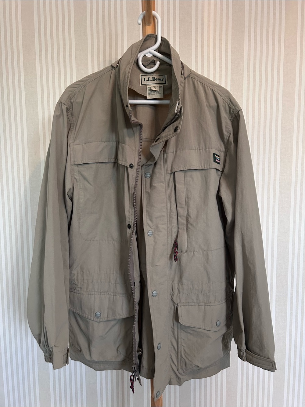 LL Bean Outdoors Field Jacket Mens Khaki Nylon Full Zip Multi Pocket Size Medium